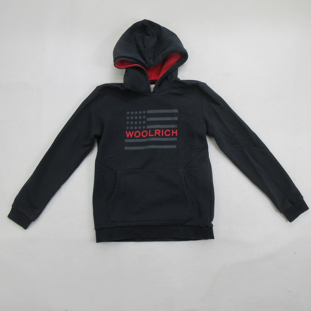 Woolrich Boys Hoodie Size 14 Black American Flag Pullover Red Lined Sweatshirt
